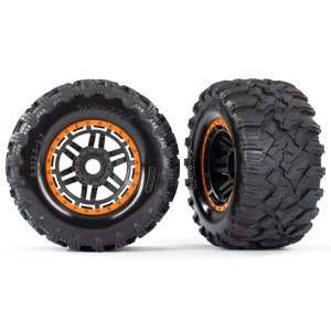 하비몬[#AX8972T] Tires &amp; Wheels, Assembled, Glued (Black, Orange Beadlock Style Wheels, Maxx® MT Tires, Foam Inserts) (2) (17mm Splined) (TSM® Rated)[상품코드]TRAXXAS
