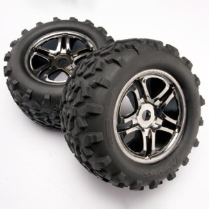 하비몬[#AX4983A] Tires &amp; Wheels, Assembled, Glued (SS (Split Spoke) Black Chrome Wheels, Maxx® Tires (6.3&quot; Outer Diameter), Foam Inserts) (2) (Use With 17mm Splined Wheel Hubs &amp; Nuts, Part #5353X) (Fits Revo®/T-Maxx®/E-Maxx) (TSM Rated) (Brushless)[상품코드]TRAXXAS
